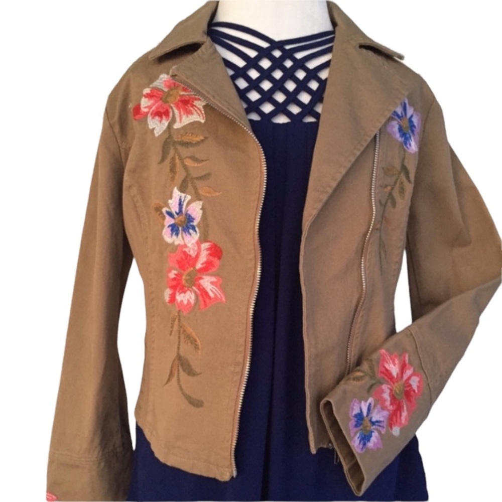 Jealous Tomato Khaki Floral Embroidered Moto Jacket Medium
